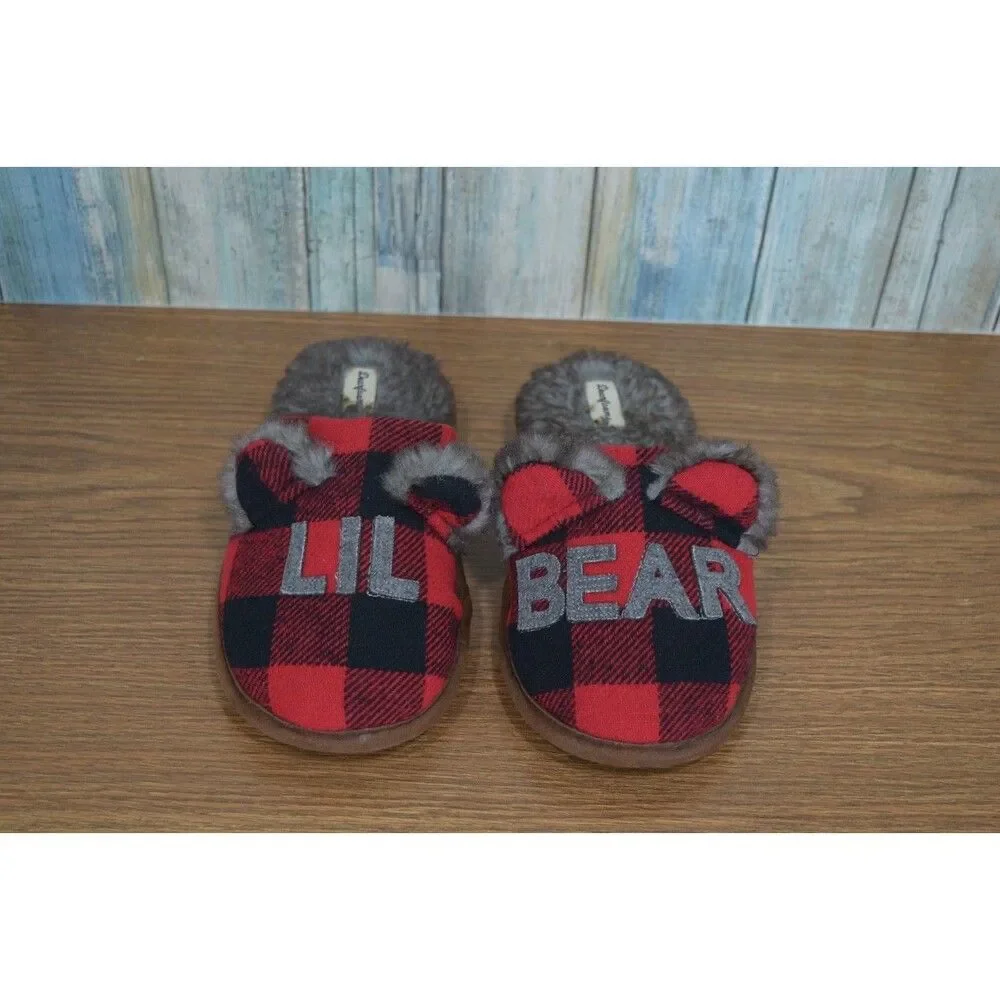 Dearfoams Lil Bear Slippers Kids 2-3 Buffalo Plaid Check Faux Fur Lined 26221